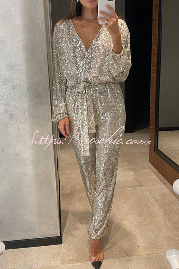 Cheers To You Sequin Long Sleeve Belted Wrap Loose Jumpsuit