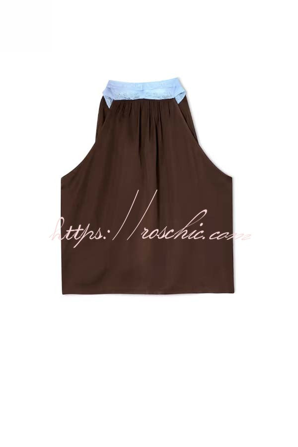 Sunday Social Contrast Color Satin Lace Trim Neck Strap Loose Tank