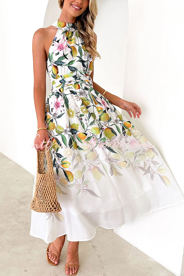 Floral Print Halterneck Tie Zip Smocked Maxi Dress