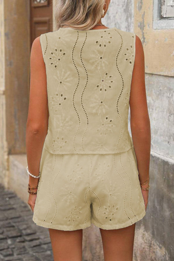 Solid Color Embroidered V-neck Button Casual Vest and Loose Pocket Shorts Set