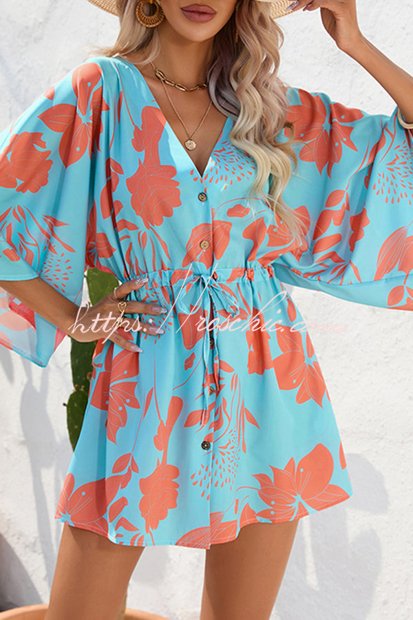 Botanical Print Button Drawstring Waist Dolman Sleeve Loose Romper