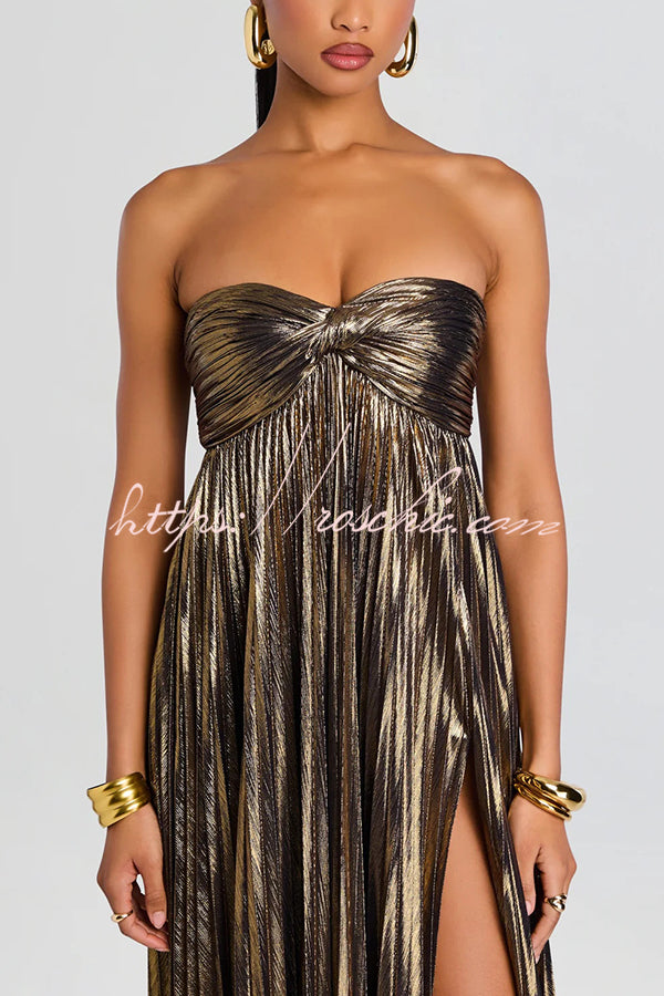 Metallic Sexy Tube Top Pleated High Slit Maxi Dress