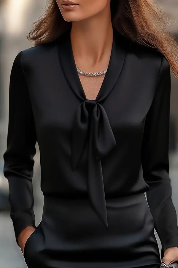 Satin Solid Color V-neck Tie Long Sleeve Elegant Shirt