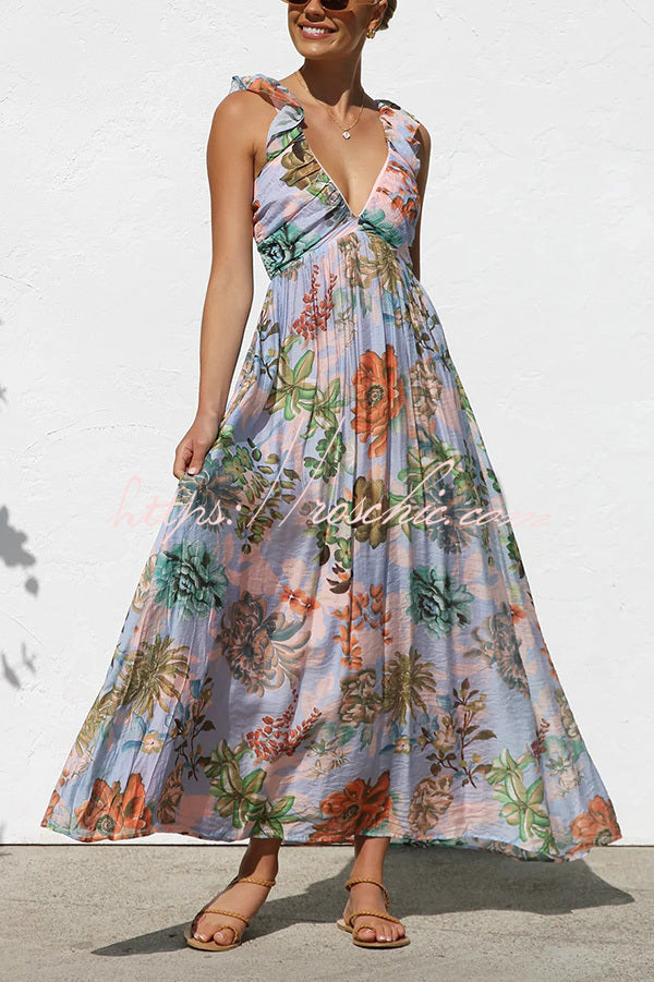 Unique Printed V-neck Ruffled Straps Pleated Back Maxi Dress