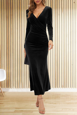 Solid Color Velvet Long Sleeve V-neck Slim Fit Fishtail Maxi Dress, Black / XL Solid Color Velvet Long Sleeve V-neck Slim Fit Fishtail Maxi Dress, Black / XL