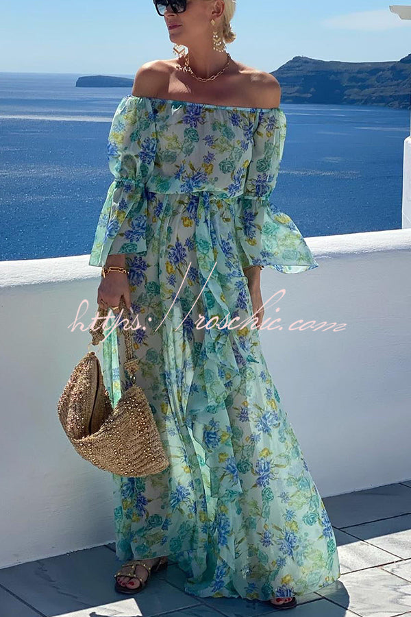 Joyful Journeys Off Shoulder Floral Print Elastic Waist Ruffle Maxi Dress