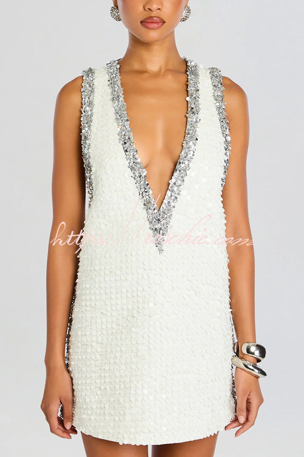 Cocktail Charm Sequin Colorblock Trim V-neck Sleeveless A-line Mini Dress (Shipped Within 24 Hours)