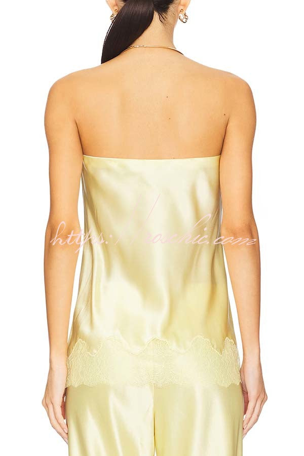 Odessa Satin Floral Lace Hem Strapless Tank and Mid Rise Wide Leg Pants Set