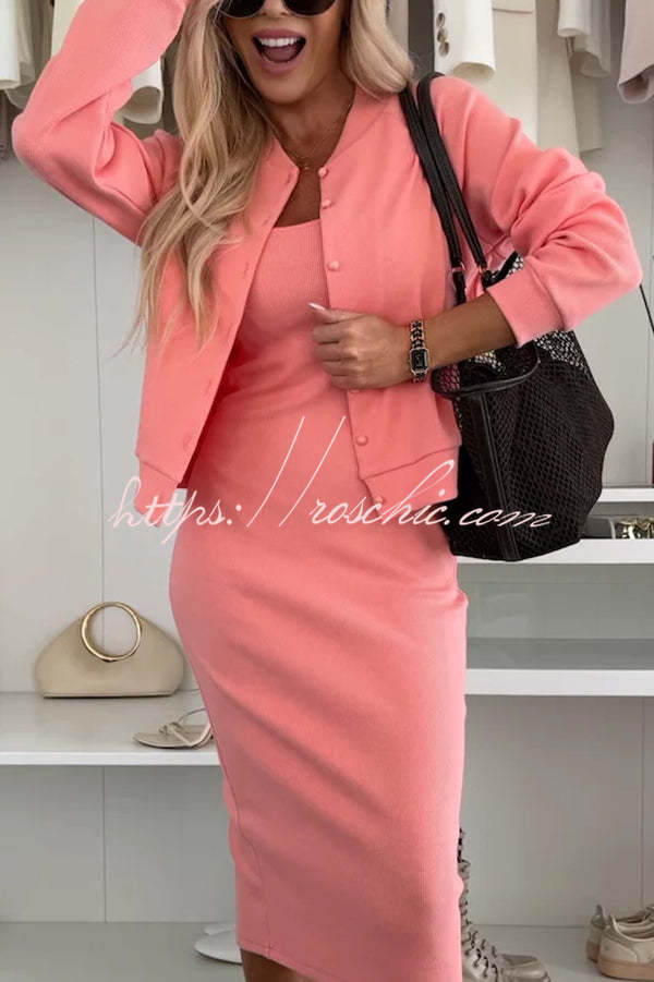 Comfort and Femininity Knit Ribbed Button Up Long Sleeve Bomber Jacket