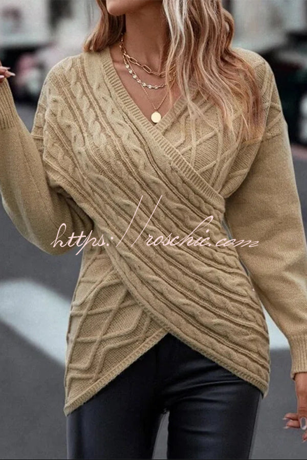 Solid Color V Neck Cross Jacquard Long Sleeved Sweater