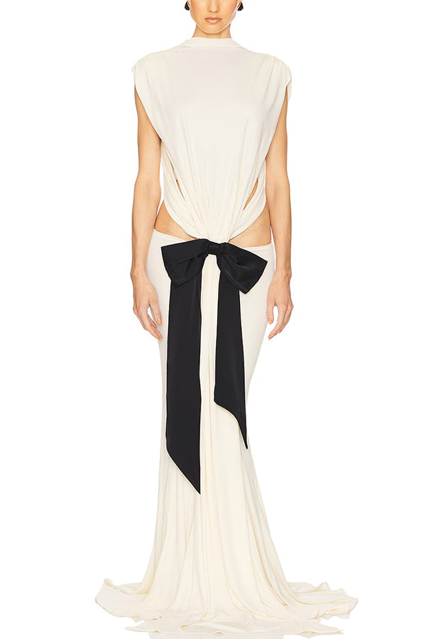 Sexy Open Back Bow Embellished Elegant Fishtail Maxi Dress