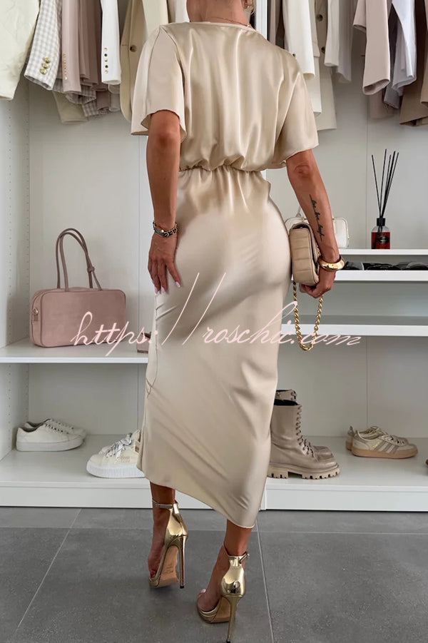 Satin Solid Color V-neck Cross Knot Slim Maxi Dress