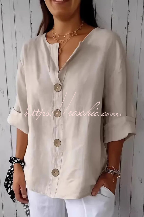 Solid Color V-neck Loose Button Top