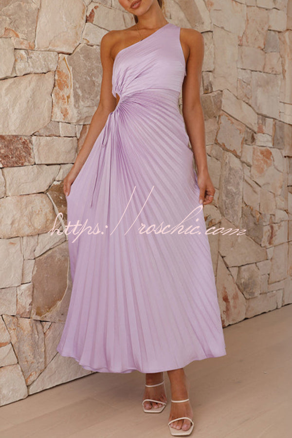 Charming One Shoulder Lace Up Cutout Pleated Maxi Dress