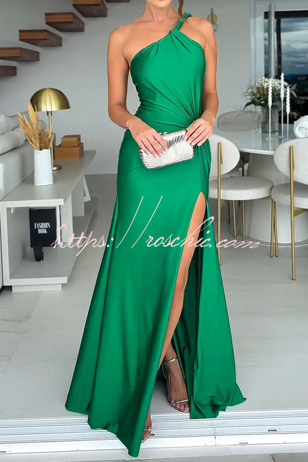 Ermia Satin Twist Ruched One Shoulder Cutout Detail Slit Maxi Dress