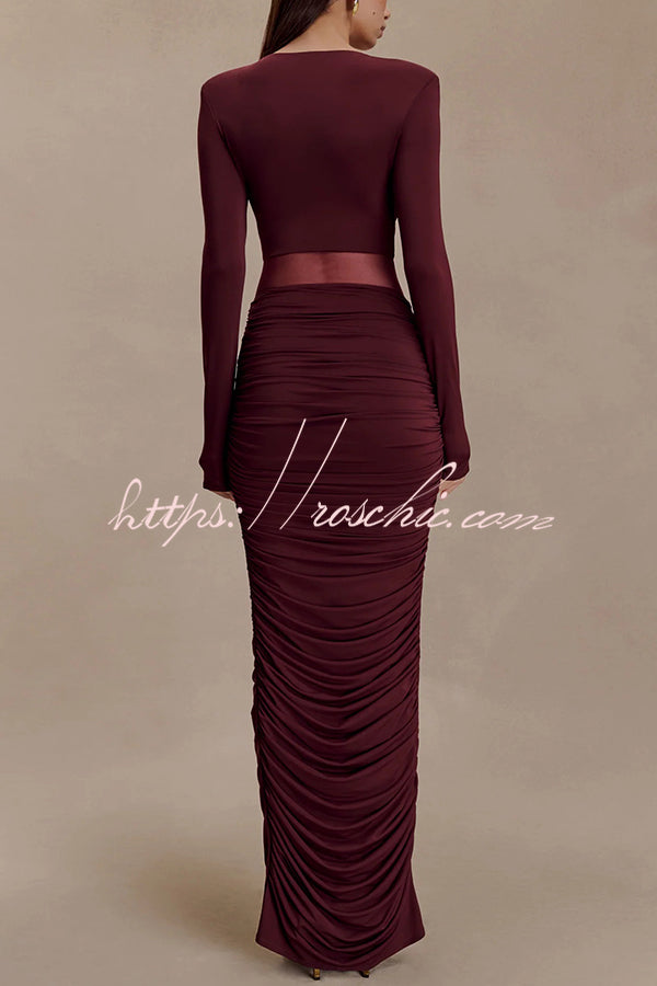 Sexy See-through Long-sleeved V-neck Pleated Slim-fit Maxi Dress