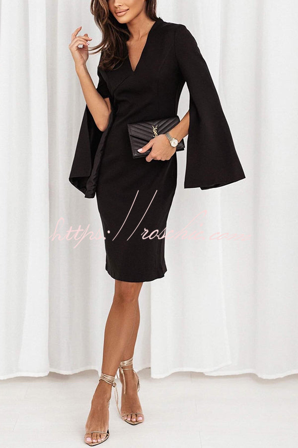 Solid Color V-neck Slit Long-sleeved Slim Mini Dress