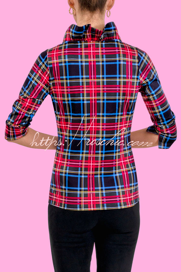 Duke of York Holiday Plaid Ruffle Stand Neck Half Sleeve Blouse