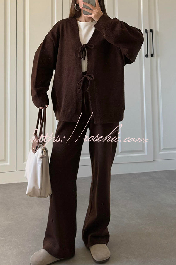 Solid Color V-neck Tie Long-sleeved Loose Knit Cardigan and Elastic Waist Casual Straight Leg Pants Set