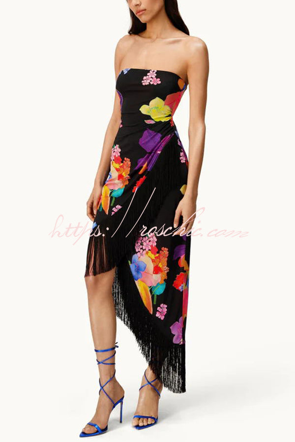 Island Girl Era Floral Print Tassel Trim Bandeau Stretch Midi Dress