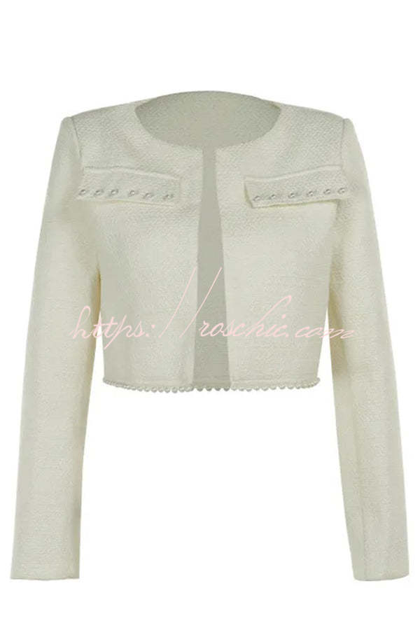 Stylish and Elegant Tweed Pearl-embellished Long-sleeved Jacket