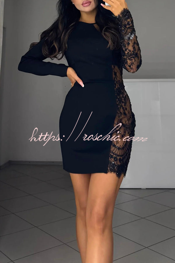 Cocktails First Floral Sequin Bead Patchwork Long Sleeve Mini Dress