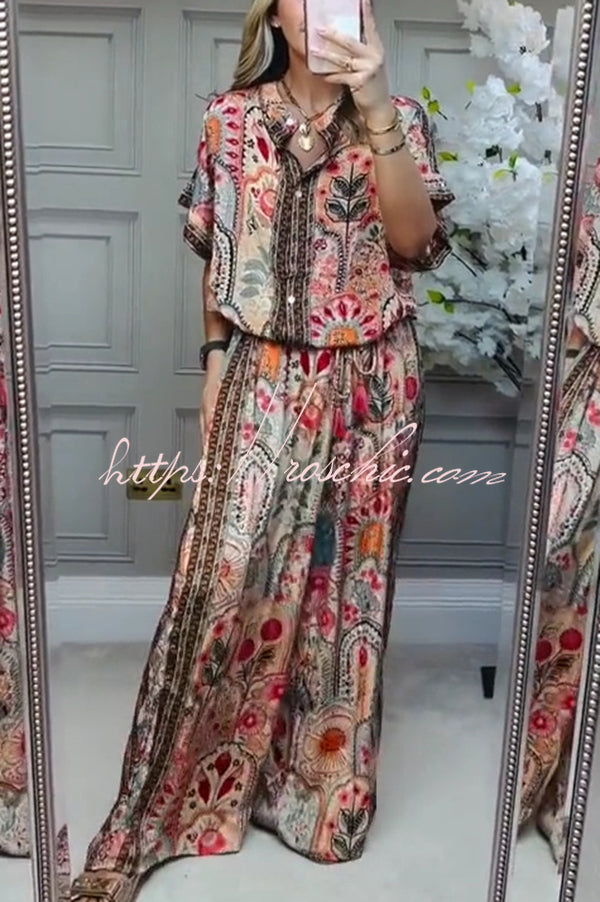 Unique Printed Loose Short-sleeved Top and Elastic Waist Casual Wide-leg Pants Set