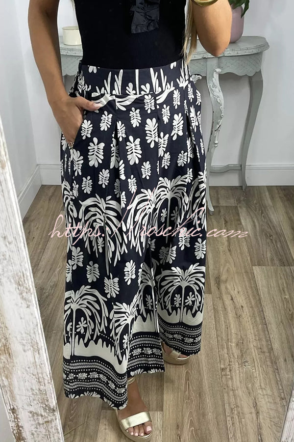 Unique Print Elastic Waist Loose Pocket Holiday Wide Leg Pants