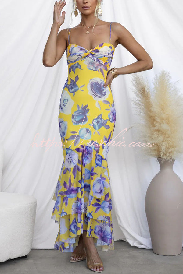 Qasila Mesh Overlay Floral Print Cross Bust Ruffle Hem Stretch Maxi Dress