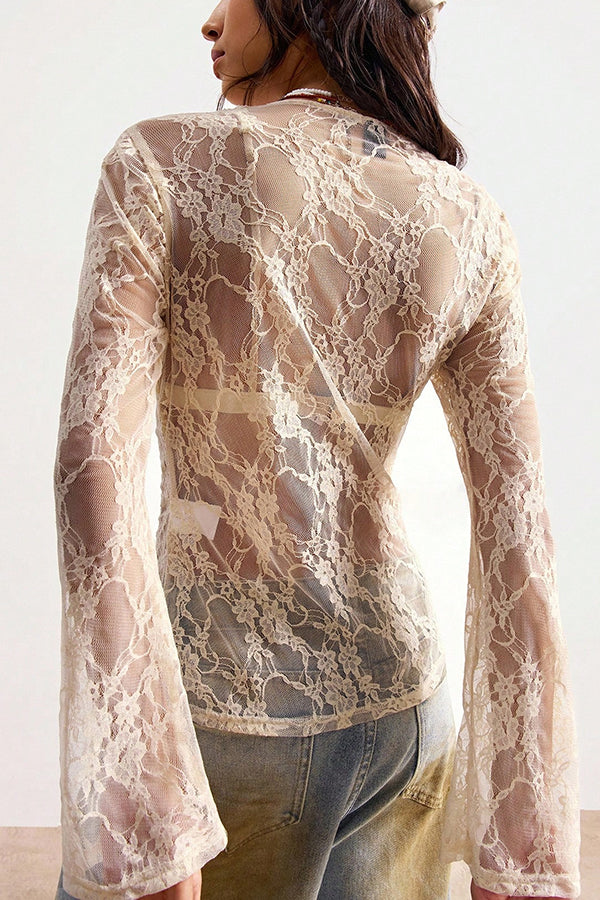 Fashion Lace Long Sleeve Casual Slim See-Through Shirt
