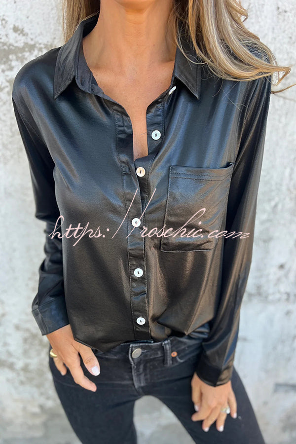 Holiday Look Solid Metallic Loose Pocket Button-down Blouse