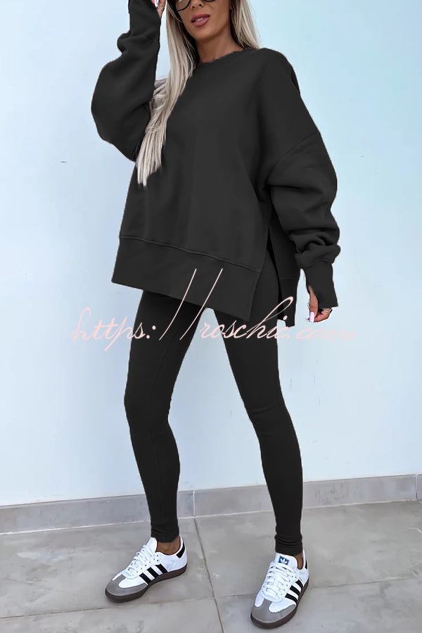 Solid Color Loose Long Sleeve SlitSweatshirt and Elastic Waist Tight Pants Set