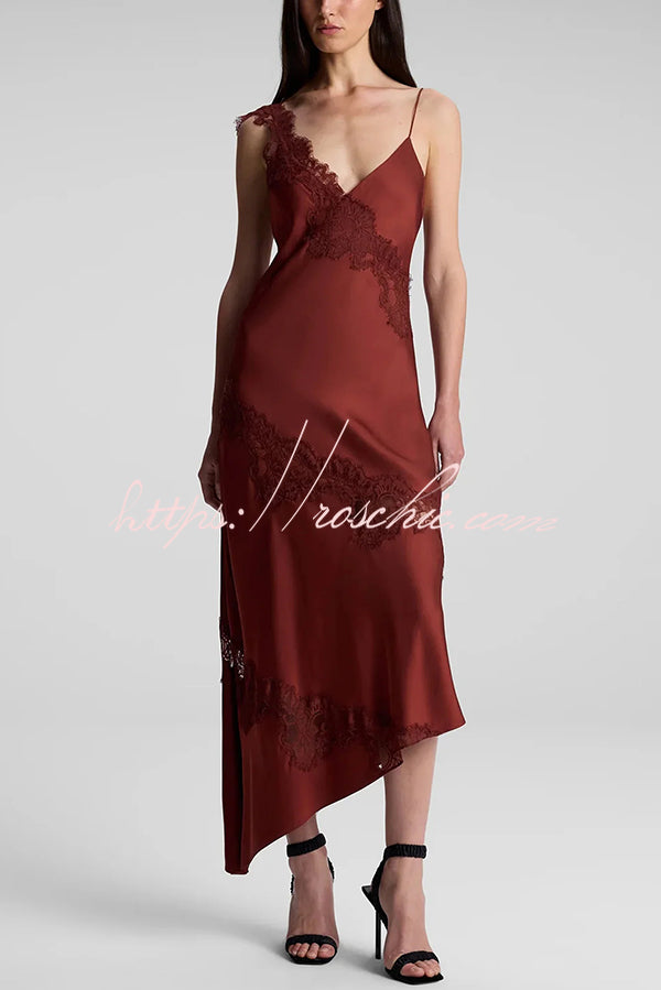 Sexy Lace Stitching Suspender V-neck Asymmetrical Maxi Dress