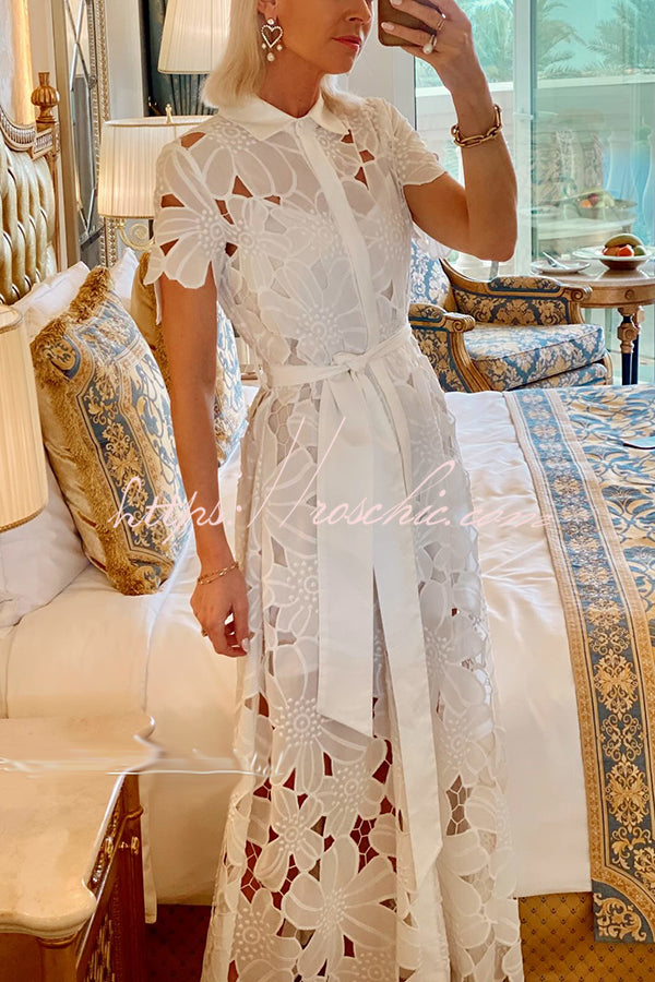 Dubai Style Floral Crochet Lace Short Sleeve Tie-up Shirt Maxi Dress roschic Dubai Style Floral Crochet Lace Short Sleeve Tie-up Shirt Maxi Dress roschic