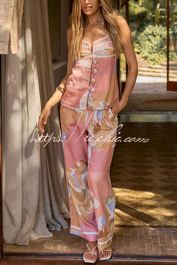 European Summer Linen Blend Ric Rac Trims High Rise Pocket Loose Pants