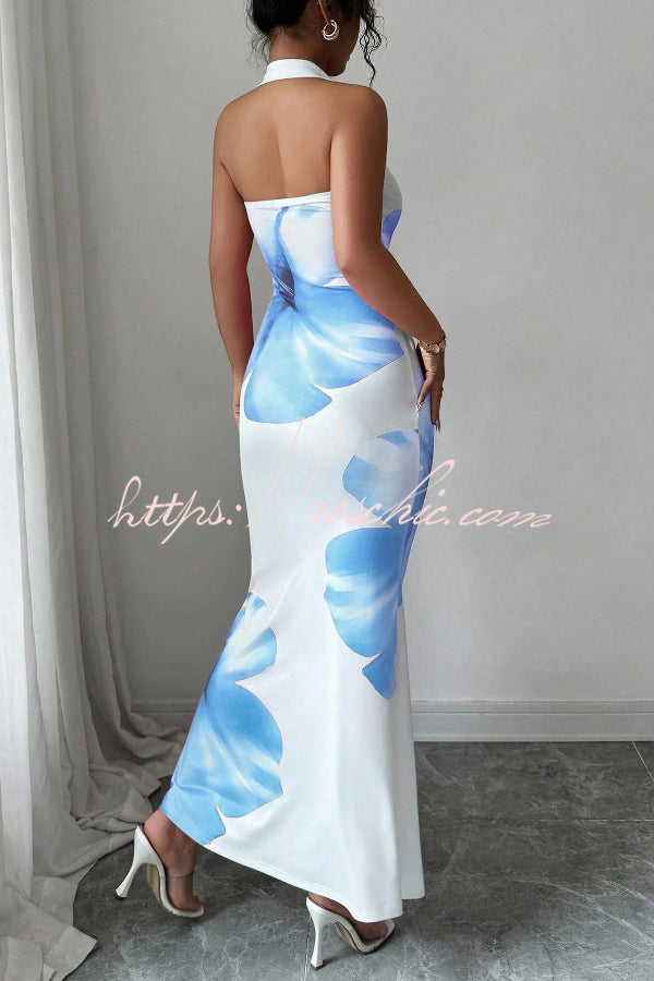 Floral Print Halter Neck Backless Slim-fit Maxi Dress roschic Floral Print Halter Neck Backless Slim-fit Maxi Dress roschic