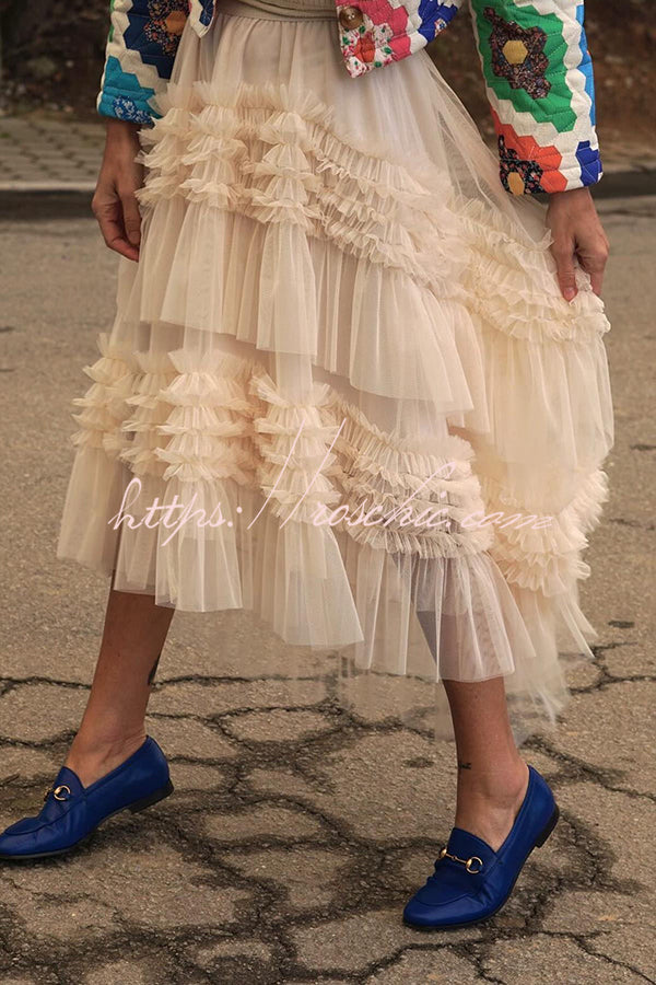 Elegant Mood Tulle Pleated Ruffle Elastic Waist Tiered Midi Skirt