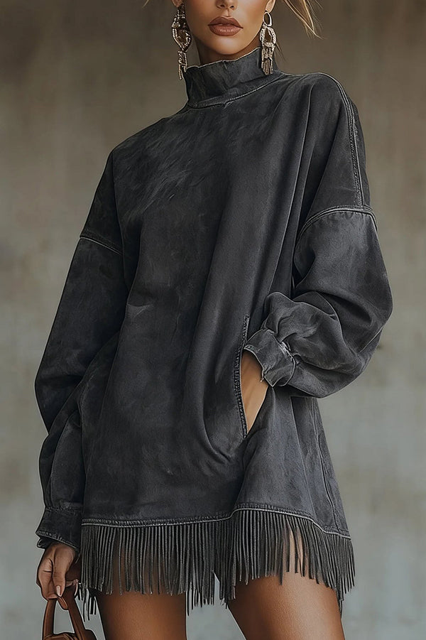 Stylish Suede High-neck Long-sleeved Loose-fitting Pockets Tassel Mini Dress (Shipped Within 24 Hours)