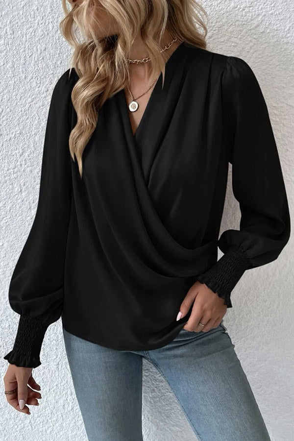 Satin Solid Color V-neck Lantern Sleeve Elegant Loose Shirt