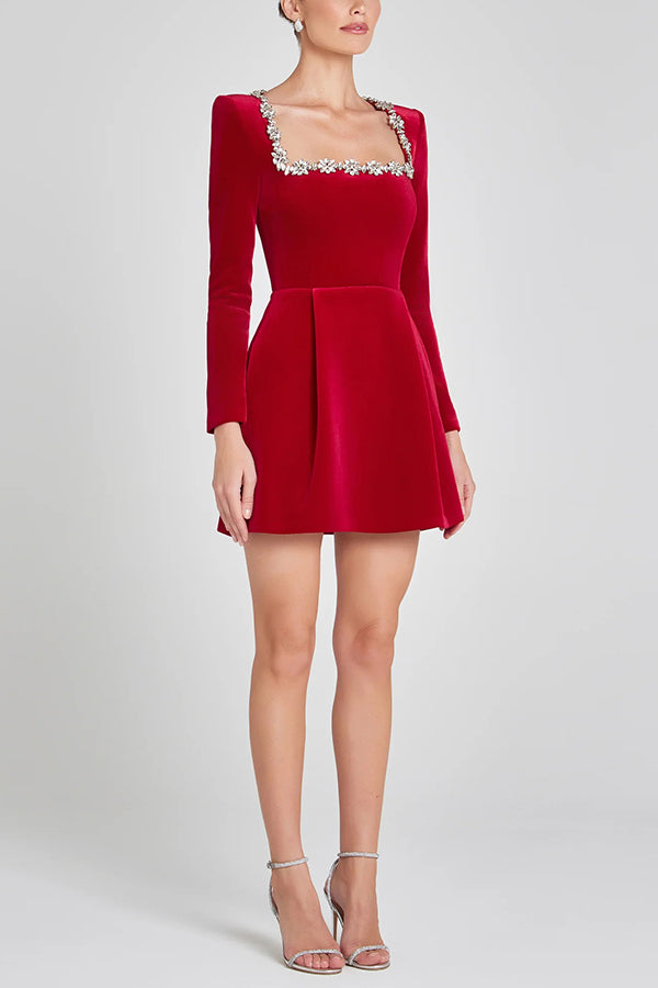 Endless Celebration Velvet Jewel Embellished Trim Long Sleeve Pocketed Mini Dress