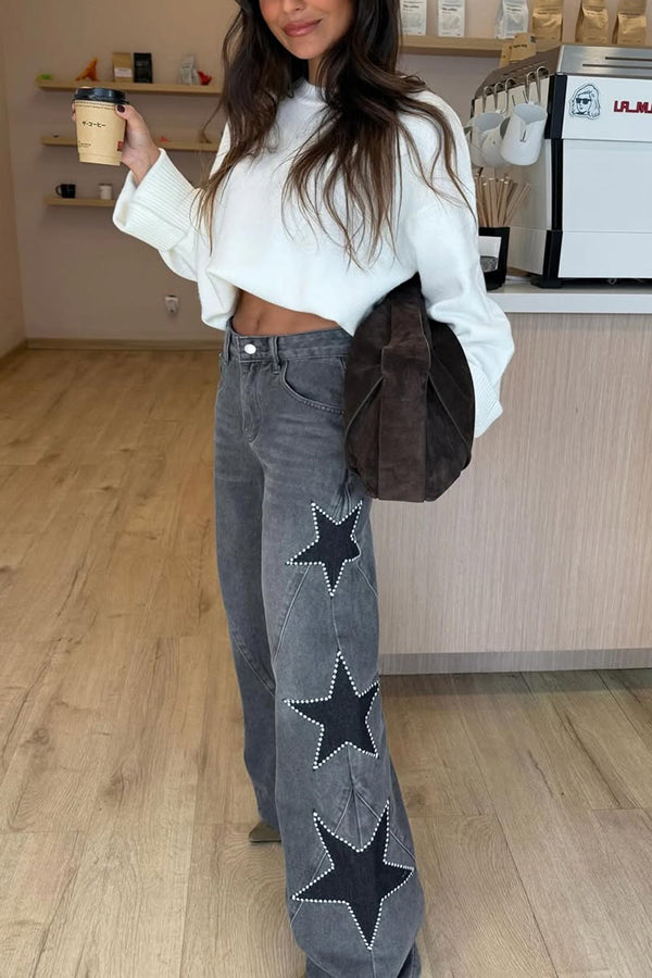 Jessy Denim Mid Rise Side Star Pattern Pocket Wide Leg Jeans (Shipped Within 24 Hours)
