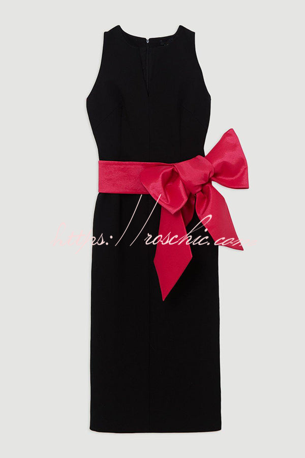 Clean Tailored Taffeta Contrast Oversized Bow Tie Waist Midi Dress