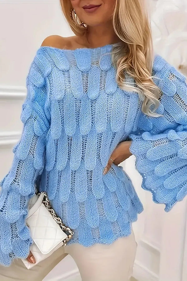 Elegant Feather Hollow Loose Bell Sleeve Knitted Sweater
