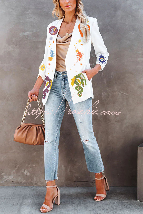 Standards Unique Print Pocketed Ruched Sleeve Casual Blazer