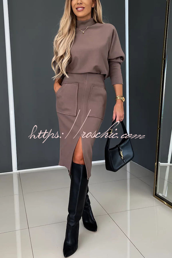 Chill Morning Knit Ribbed High Neck Top and Big Pocket Slit  Stretch Midi Skirt Set