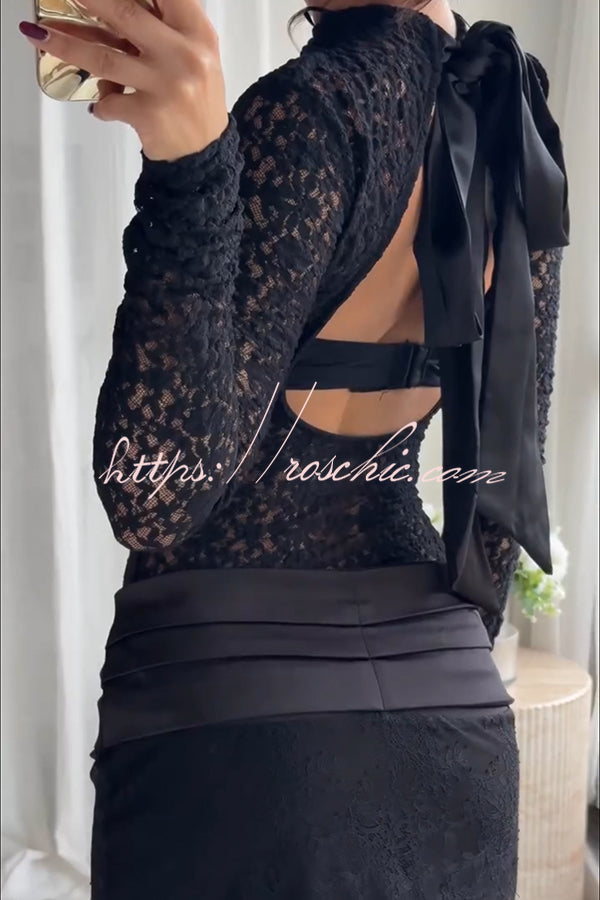 Anna Semi-sheer Lace Long Sleeve Back Bow Tie-up Cutout Stretch Bodysuit