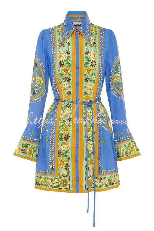 Katia Satin Unique Print Shaped Collar Tie-up Waist Shirt Mini Dress