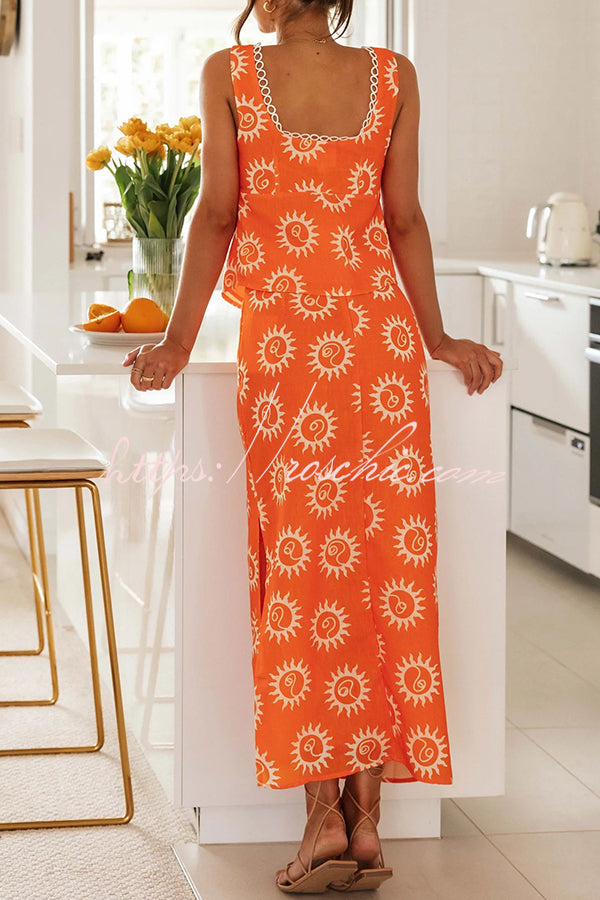 Fabulous Sunshine Print Lace Backless Slit Skirt Suit