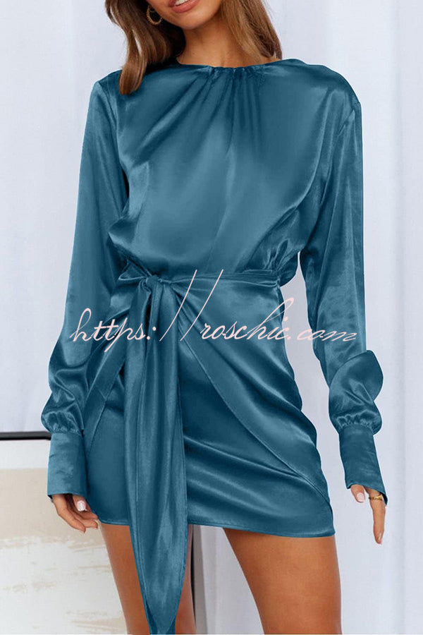 Satin Round Neck Long Sleeve Elastic Tie Mini Dress