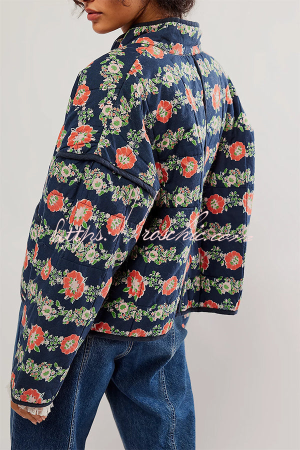 Floral Print Pocket Contrast Concealed Button Cotton Coat